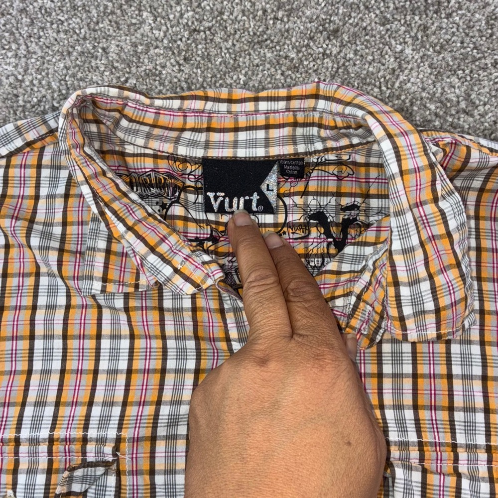 Vurt Mens Plaid Short Sleeve Button Up‎ Shirt Size L Cotton Orange White Pink